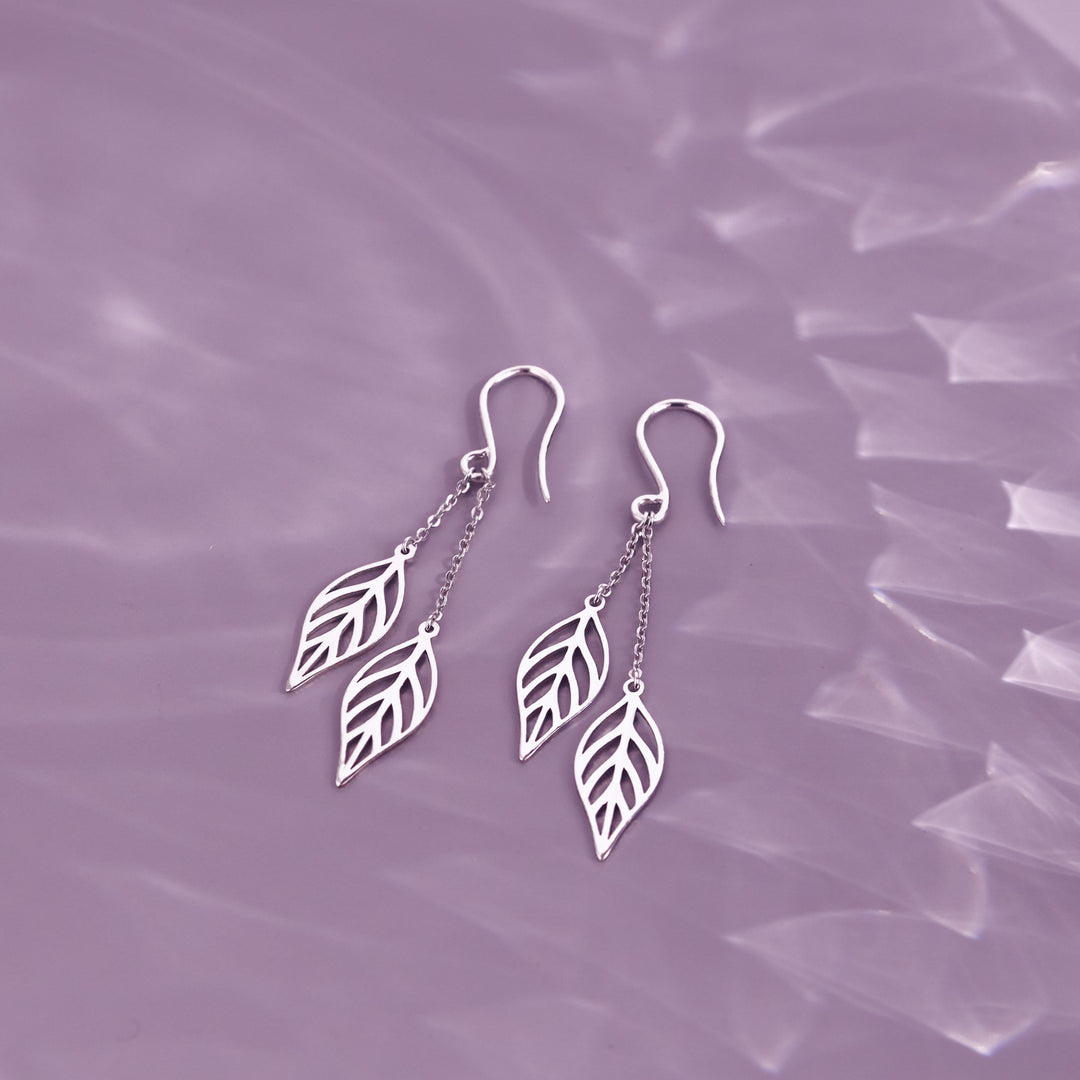 OLLUU Silver Leafy Allure Drop Earrings