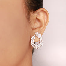 Load image into Gallery viewer, Silver Leaf Earrings, Sterling Silver Jewelry, Diamond Accent Earrings, Elegant Silver Accessories, OLLUU Earrings, Glamorous Jewelry, Non-Allergenic Earrings, 925 Stamped Jewelry, Authentic Silver Earrings, Intricate Twist Detailing, Designer Silver Jewelry, Leaf Shape Earrings, Women&#39;s Fashion Earrings, High-Quality Silver, Snug Fit Earrings, Statement Earrings, Stylish Accessories, Sparkling Silver Earrings, Premium Jewelry Collection, Gift Ideas for Her,