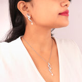 OLLUU Silver White Pearl Diamond Necklace with Dangle Earrings Set