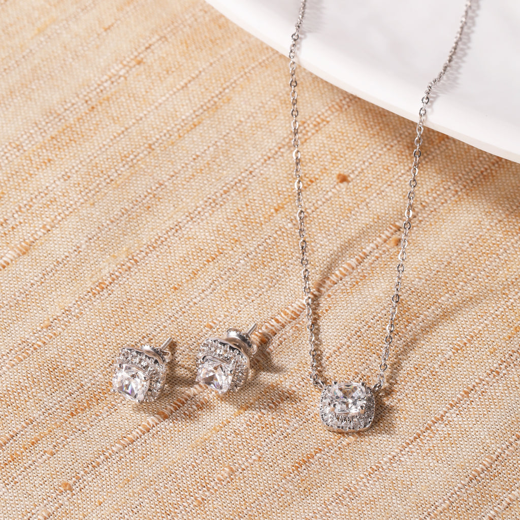 OLLUU Silver Square Diamond Pendant Set | Sterling Silver Jewelry