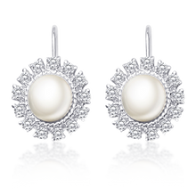 Load image into Gallery viewer, Silver Sunset Pearl Earrings, Sterling Silver Jewelry, Spiral Illusion Design, Marquise Diamond Earrings, Multi Diamond Accent, Rhodium Coated Silver, Non-Allergenic Earrings, 925 Stamped Jewelry, Authentic Silver Earrings, Elegant Pearl Accessories, Sophisticated Jewelry, Women&#39;s Fashion Earrings, High-Quality Silver, Statement Earrings, Timeless Beauty, Formal Event Accessories, Everyday Wear Earrings, Luxury Jewelry Collection, Gift Ideas for Her, OLLUU Brand Earrings,