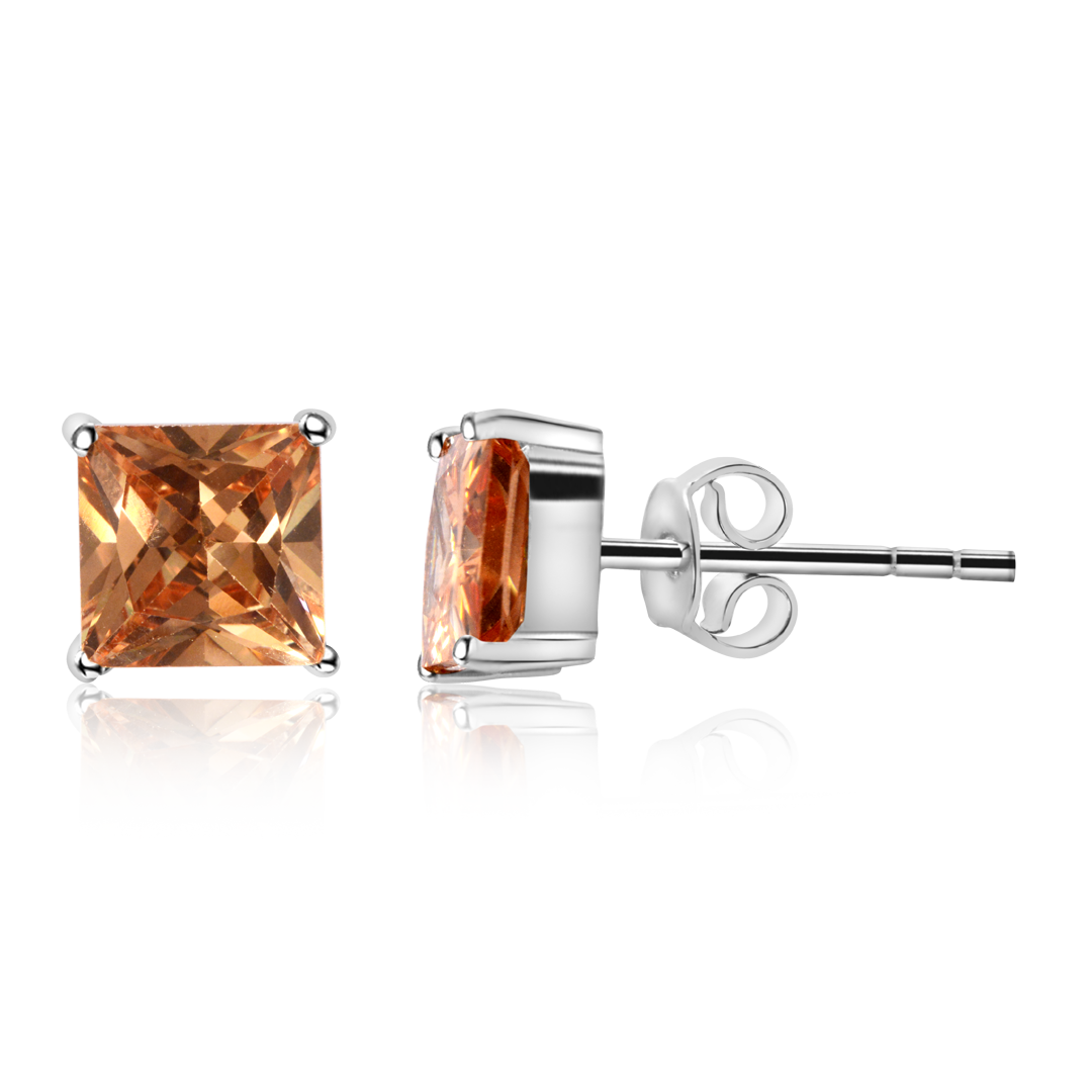 OLLUU Silver Square Orange Stud Earrings