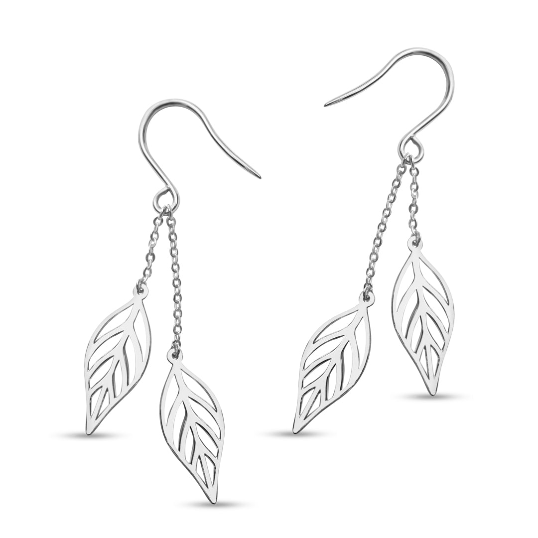 Silver Leaf Dangle Drop Earrings