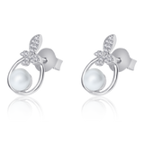 Sparkling Butterfly Dreams: OLLUU Silver Engraved Earrings | Sterling Silver, Cubic Zirconia, Freshwater Pearl