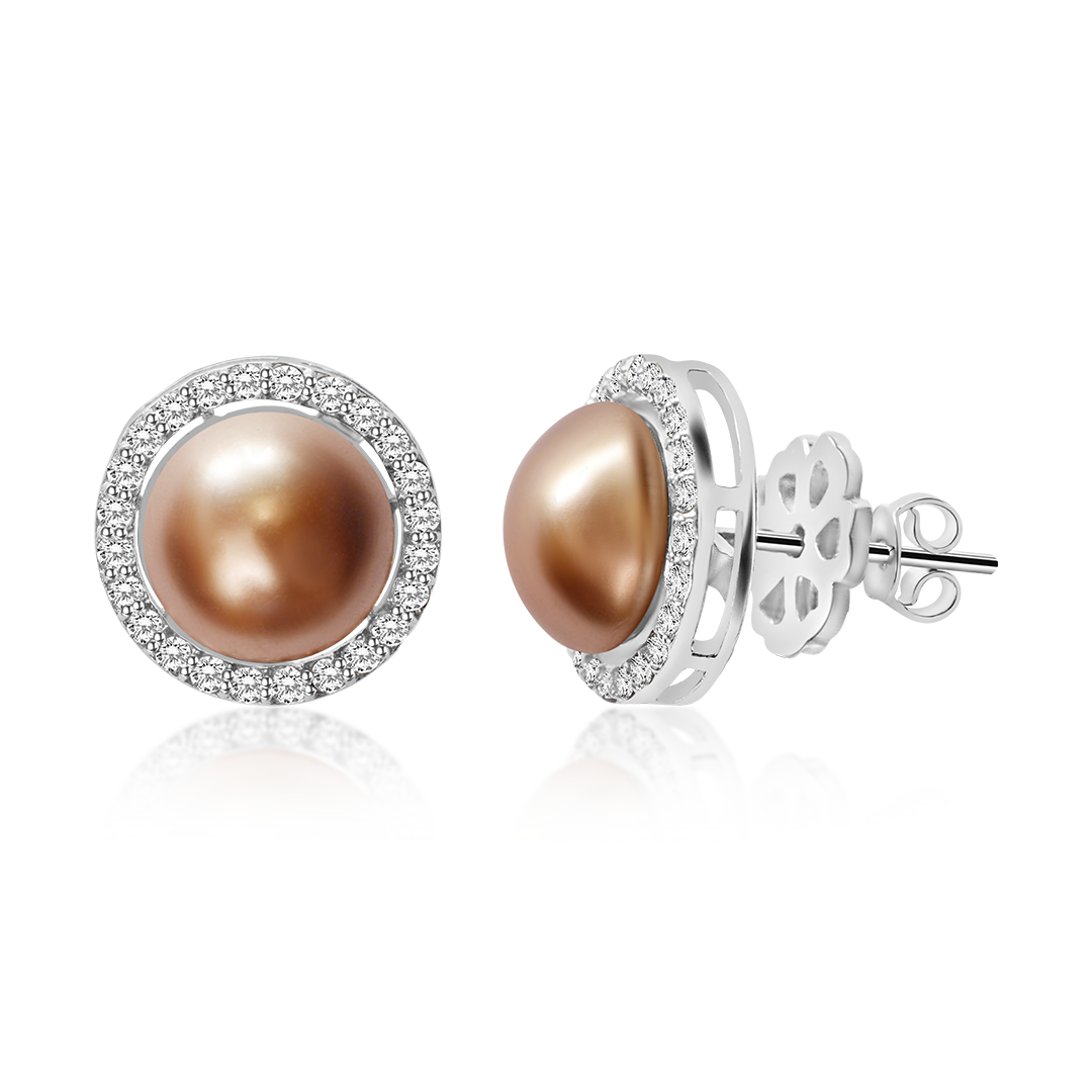 OLLUU Silver Brown Pearl Diamond Earrings